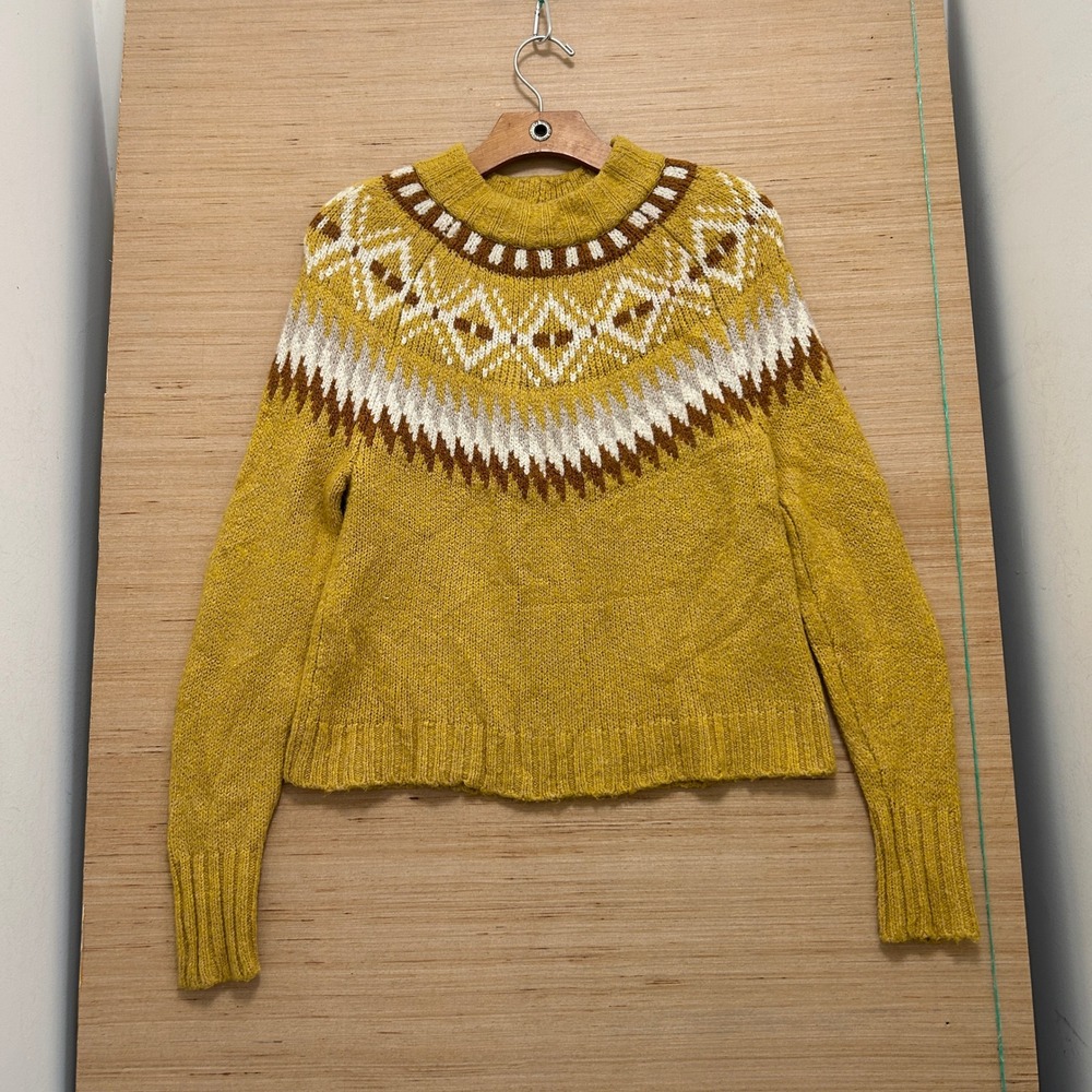 American Eagle Women XS Mustard Yellow Fair Isle Mock Neck Chunky Knit Sweater